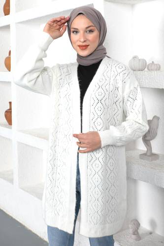 Kendinden Desenli Triko Hırka TSD230210 Beyaz 