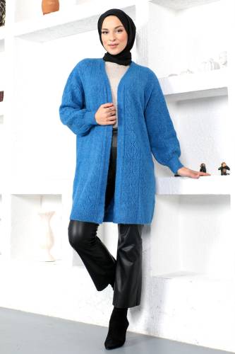 Kendinden Desenli Triko Hırka TSD230210 Saks Mavisi 