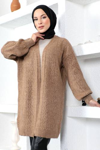 Kendinden Desenli Triko Hırka TSD230210 Vizon 