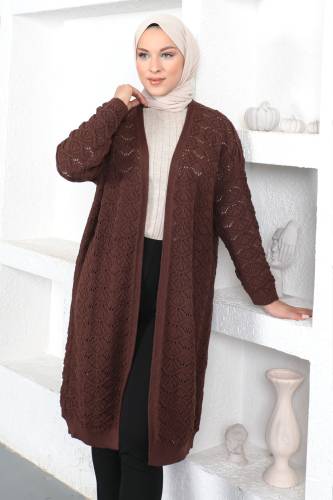 Kendinden Desenli Triko Hırka TSD230352 Kahverengi 