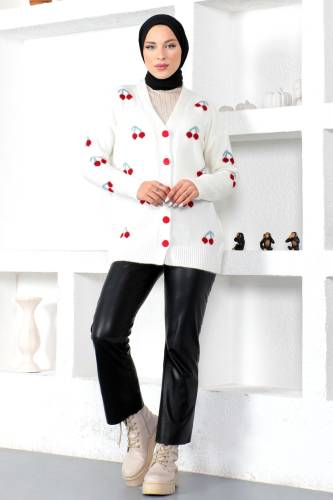 Kiraz Desenl Triko Hırka TSD230217 Beyaz - 4