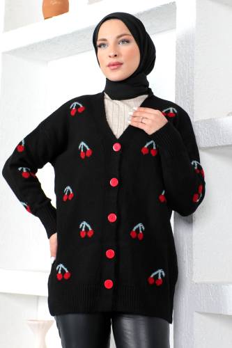 Kiraz Desenl Triko Hırka TSD230217 Siyah 
