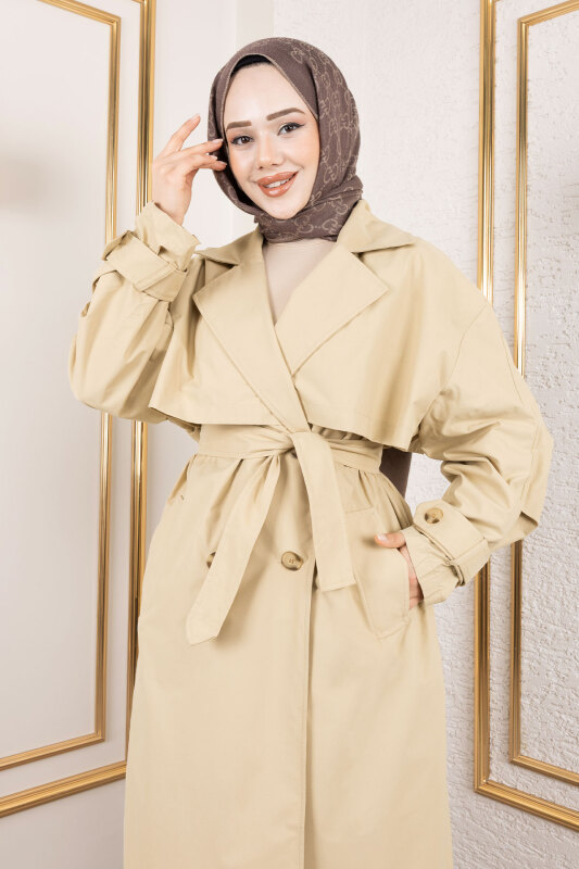 Ekstra Oversize Trençkot TSD250139 Bej - 2
