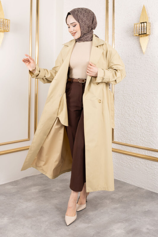 Ekstra Oversize Trençkot TSD250139 Bej - 3