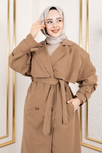 Ekstra Oversize Trençkot TSD250139 Taba - 2