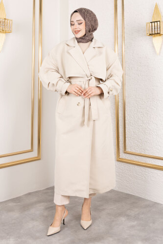 Ekstra Oversize Trençkot TSD250139 Taş Rengi 