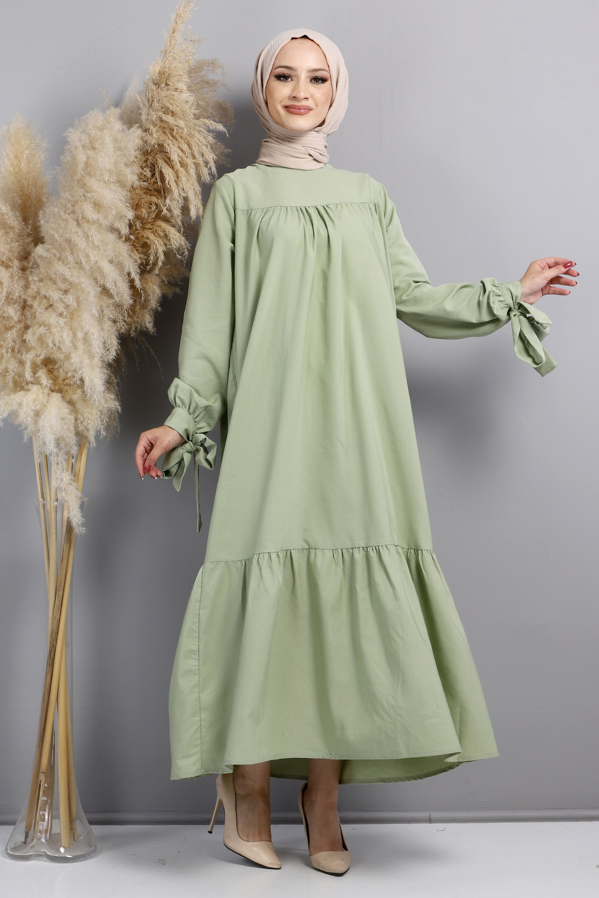 Tesettür Dünyası - Kol Ucu Bağlamalı Elbise TSD220609 Çağla Yeşili