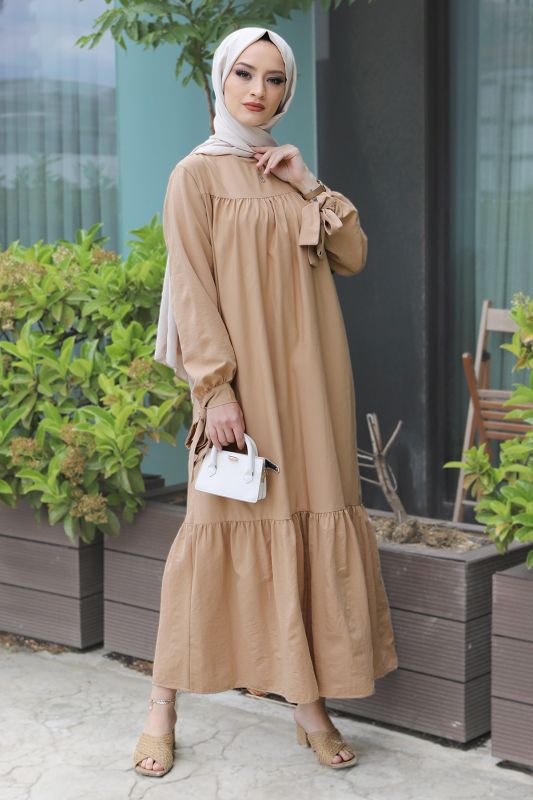 Kol Ucu Bağlamalı Elbise TSD220609 Camel - 1