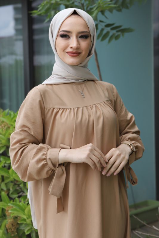Kol Ucu Bağlamalı Elbise TSD220609 Camel - 2