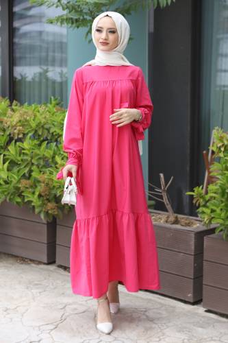 Kol Ucu Bağlamalı Elbise TSD220609 Fuşya 