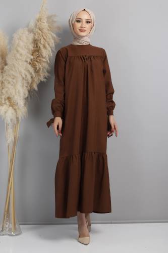 Kol Ucu Bağlamalı Elbise TSD220609 Kahverengi - 3