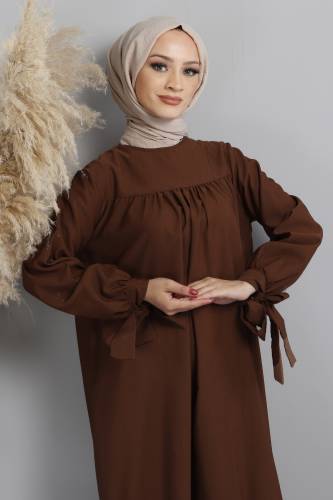 Kol Ucu Bağlamalı Elbise TSD220609 Kahverengi - 2