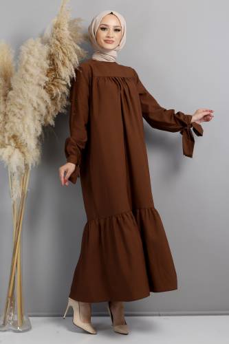 Kol Ucu Bağlamalı Elbise TSD220609 Kahverengi - 4