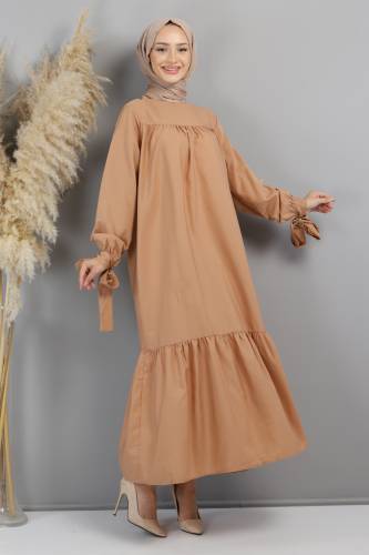 Kol Ucu Bağlamalı Elbise TSD220609 Taba 