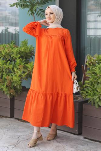 Kol Ucu Bağlamalı Elbise TSD220609 Turuncu 