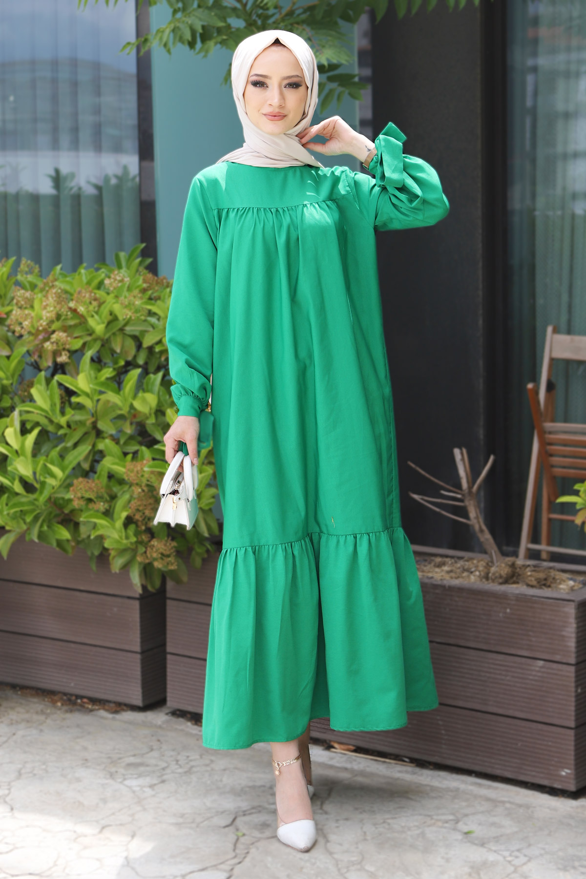 Tesettür Dünyası - Kol Ucu Bağlamalı Elbise TSD220609 Yeşil