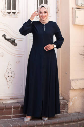 Kol Ucu Gipe Detaylı Boydan Fermuarlı Tesettür Ferace TSD240603 Lacivert - Tesettür Dünyası