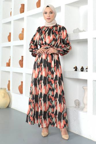 Kol Ucu Gipe Lastikli Elbise TSD230333 Kiremit - Tesettür Dünyası