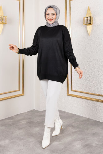 Kol Ucu Katlamalı Bisiklet Yaka Triko Tunik TSD250122 Siyah 