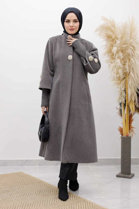 Kol Ucu Triko Detaylı Angora Fox Kaban TSD250246 Açık Gri - Tesettür Dünyası