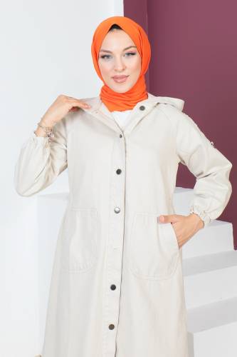Kolları Çakımlı Kot Kap TSD230643 Bej - Tesettür Dünyası (1)