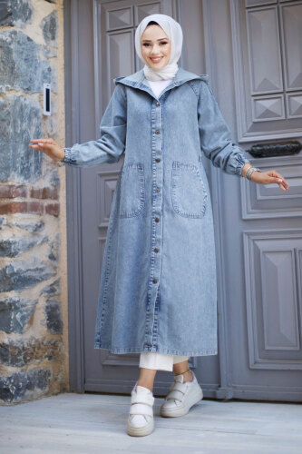 Kolları Çakımlı Kot Kap TSD230643 Mavi - Tesettür Dünyası