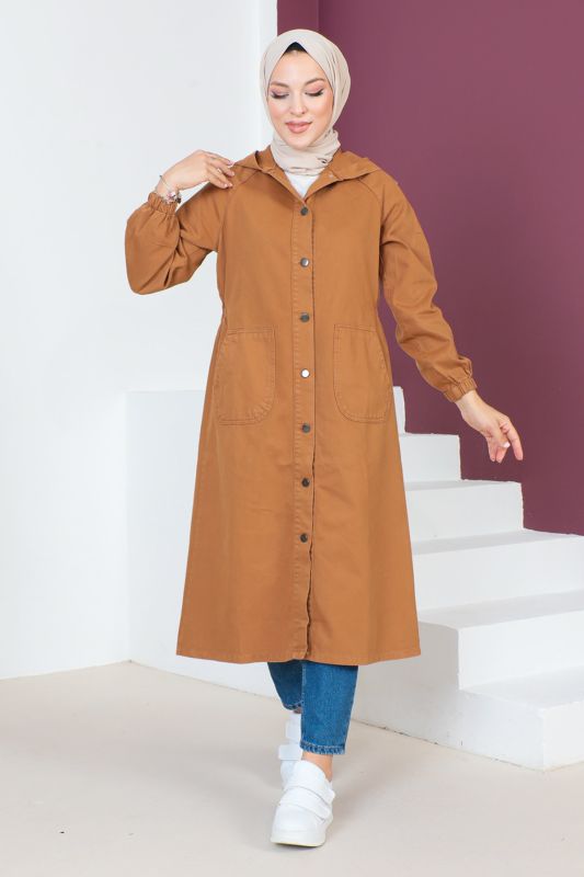 Kolları Çakımlı Kot Kap TSD230643 Taba - Tesettür Dünyası