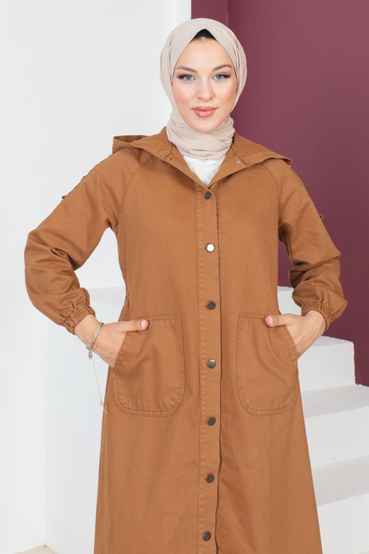 Kolları Çakımlı Kot Kap TSD230643 Taba - Tesettür Dünyası (1)