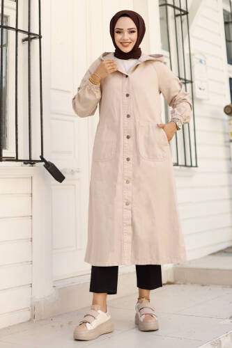 Kolları Çakımlı Kot Kap TSD240822 Bej - Tesettür Dünyası