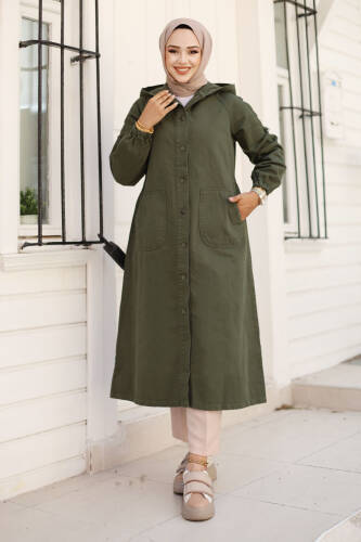 Kolları Çakımlı Kot Kap TSD240822 Haki - Tesettür Dünyası