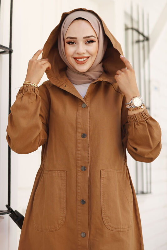 Kolları Çakımlı Kot Kap TSD240822 Taba - Tesettür Dünyası (1)