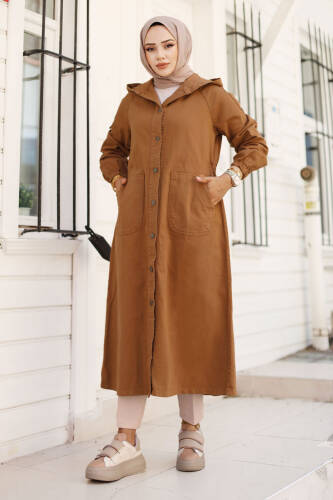 Kolları Çakımlı Kot Kap TSD240822 Taba - Tesettür Dünyası