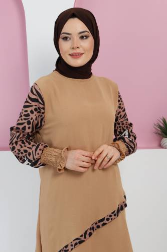 Kolları Desenli Takım TSD220327 Camel - Tesettür Dünyası (1)