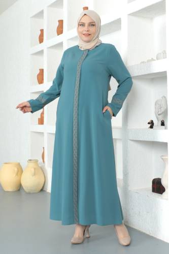 Kolları Desenli Tesettür Ferace TSD230327 Mint Yeşili - 1