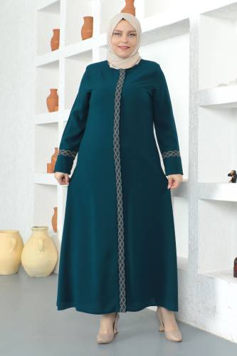 Kolları Desenli Tesettür Ferace TSD230327 Zümrüt Yeşili 