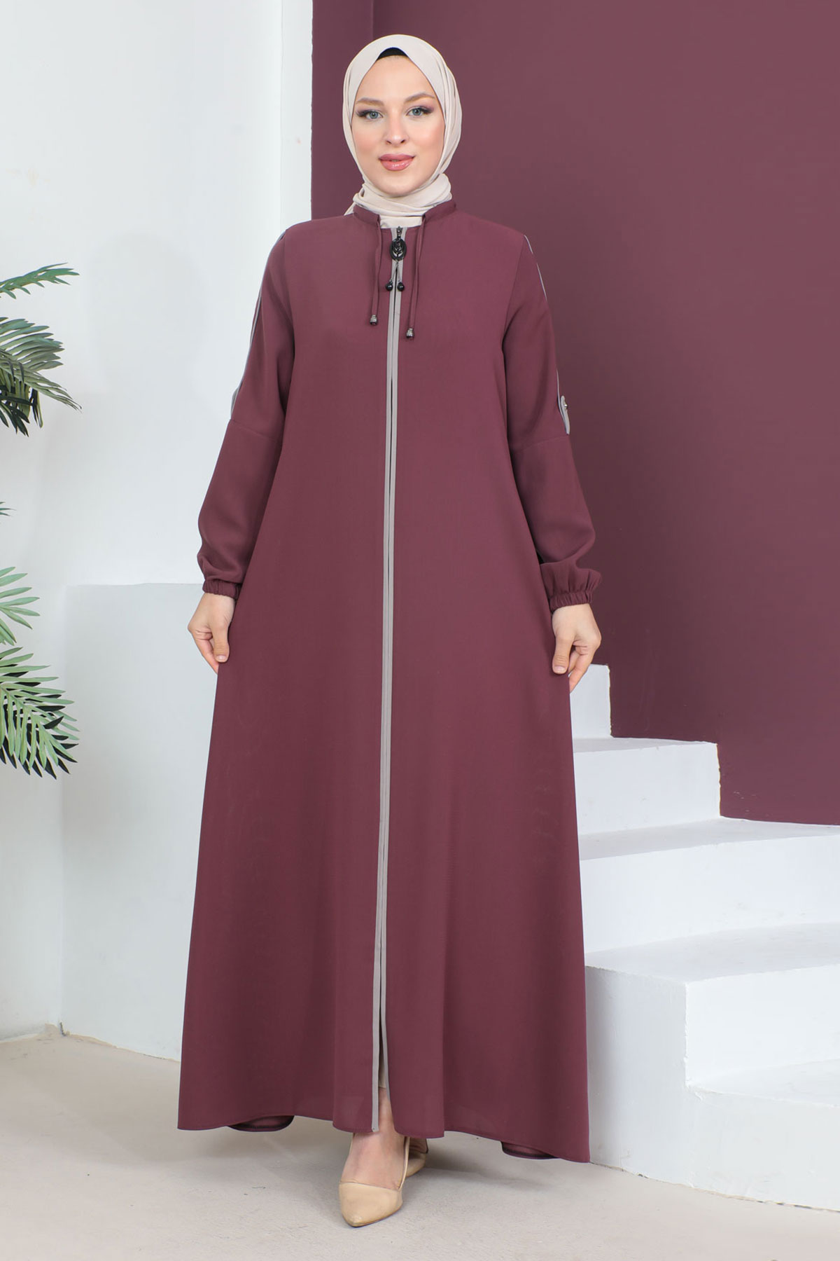 Tesettür Dünyası - Kolları Düğmeli Tesettür Ferace TSD230440 Gül Kurusu