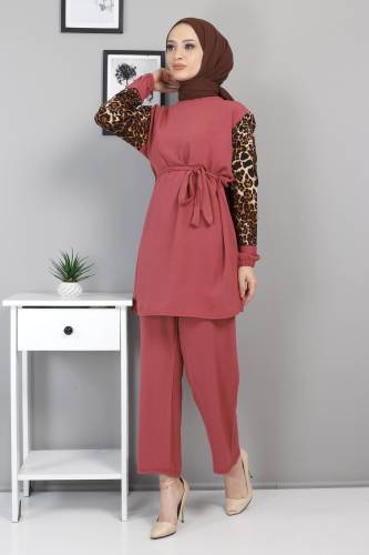 Kolları Leopar Desenli Takım TSD220513 Gül Kurusu 