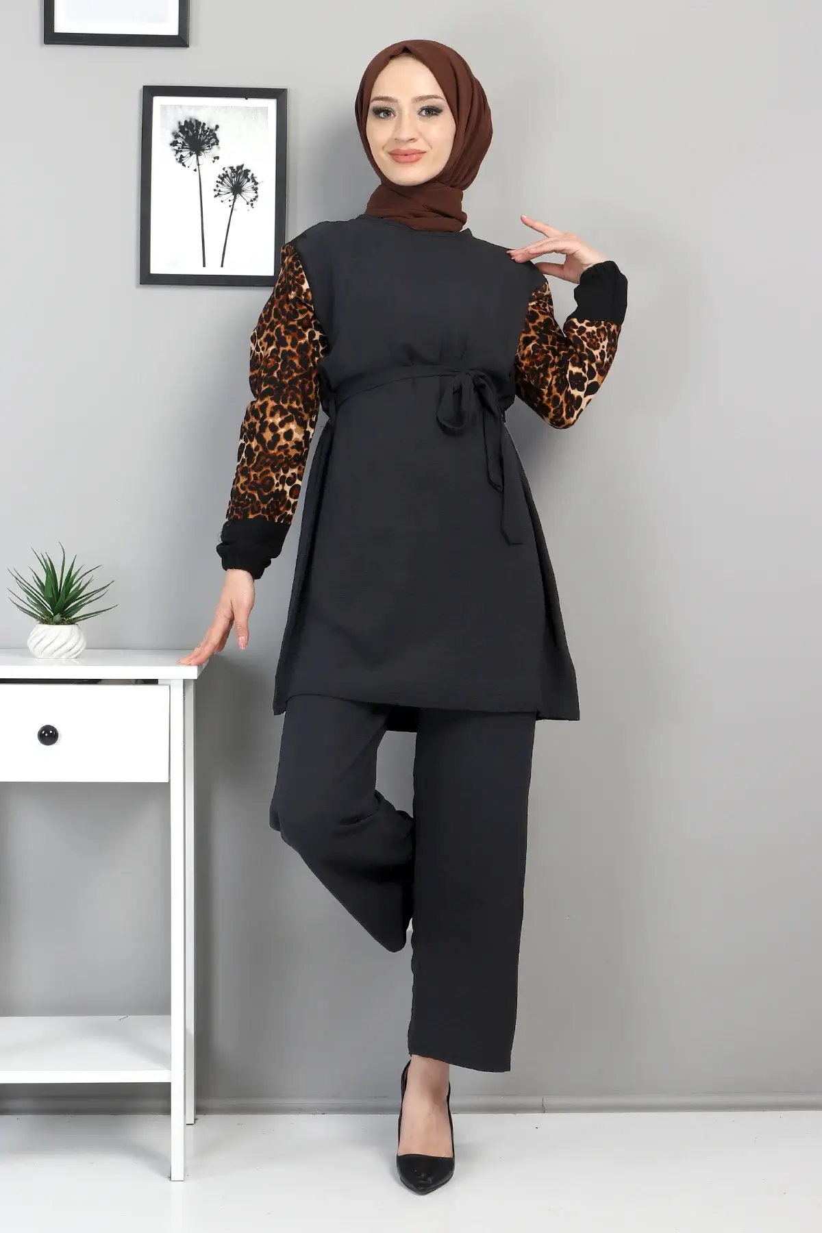 Kolları Leopar Desenli Takım TSD220513 Siyah 