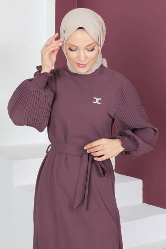 Kolları Pileli Elbise TSD230524 Gül Kurusu - Tesettür Dünyası (1)
