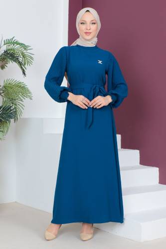 Kolları Pileli Elbise TSD230524 İndigo 