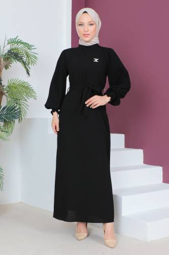 Kolları Pileli Elbise TSD230524 Siyah 