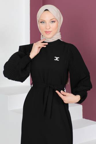 Kolları Pileli Elbise TSD230524 Siyah - Tesettür Dünyası (1)