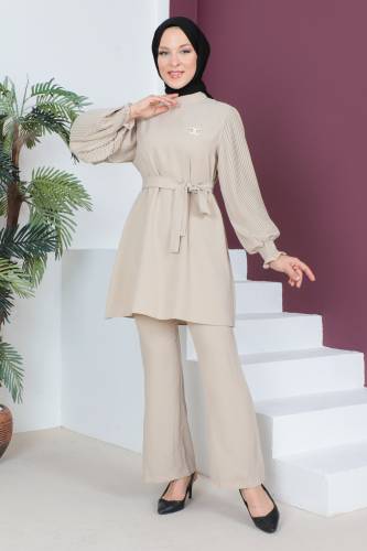 Kolları Pileli İkili Takım TSD230522 Bej 