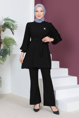 Kolları Pileli İkili Takım TSD230522 Siyah - 1