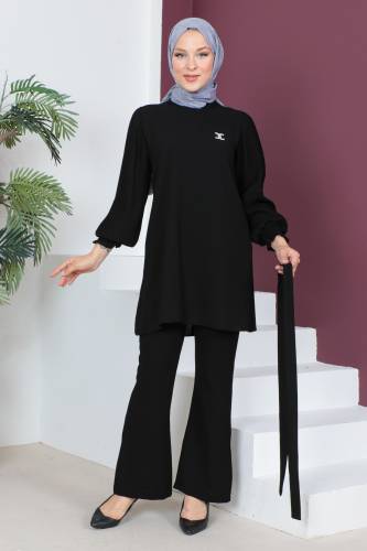 Kolları Pileli İkili Takım TSD230522 Siyah - 3