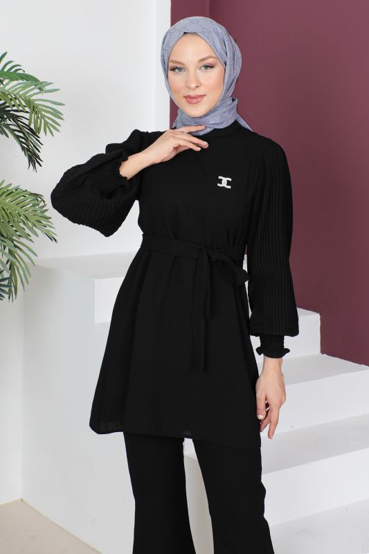 Kolları Pileli İkili Takım TSD230522 Siyah - 2