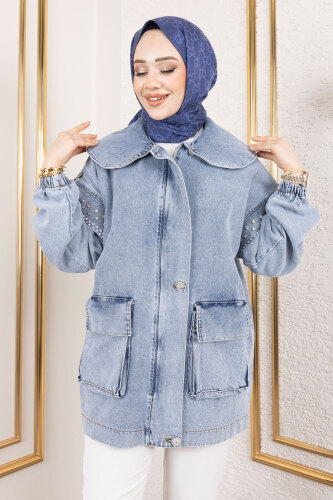 Kolları Taşlı Kot Ceket TSD250132 Açık Mavi - 2