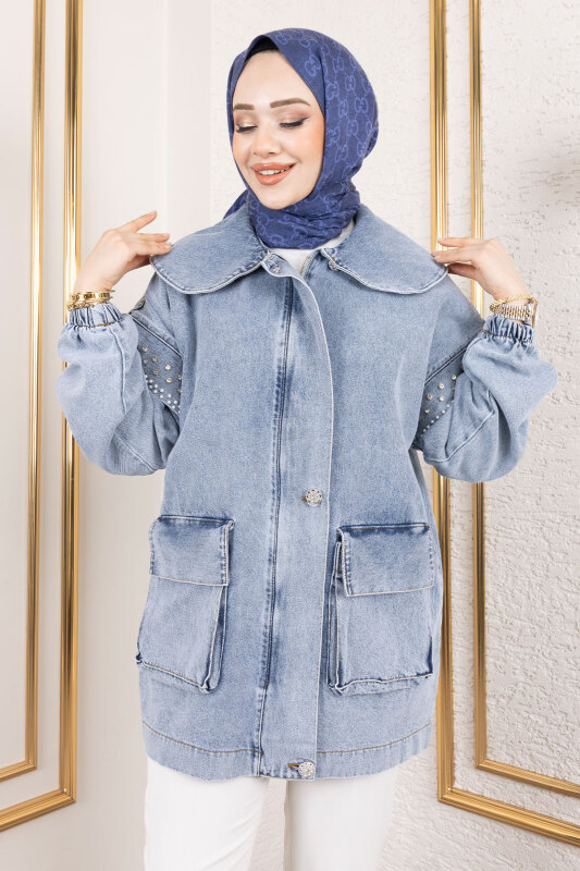 Kolları Taşlı Kot Ceket TSD250132 Açık Mavi - 2