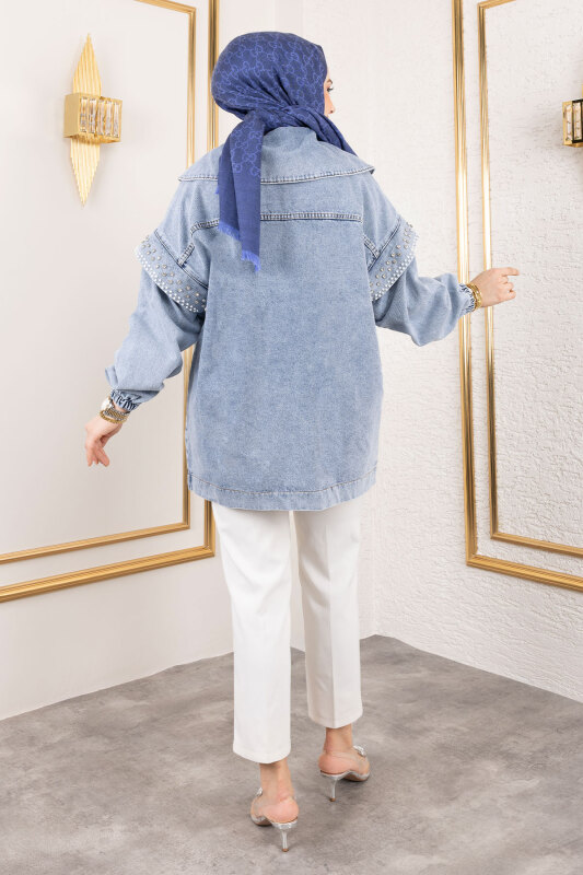 Kolları Taşlı Kot Ceket TSD250132 Açık Mavi - 5