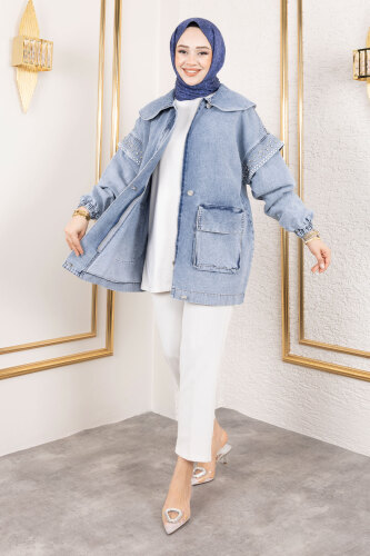 Kolları Taşlı Kot Ceket TSD250132 Açık Mavi - 3